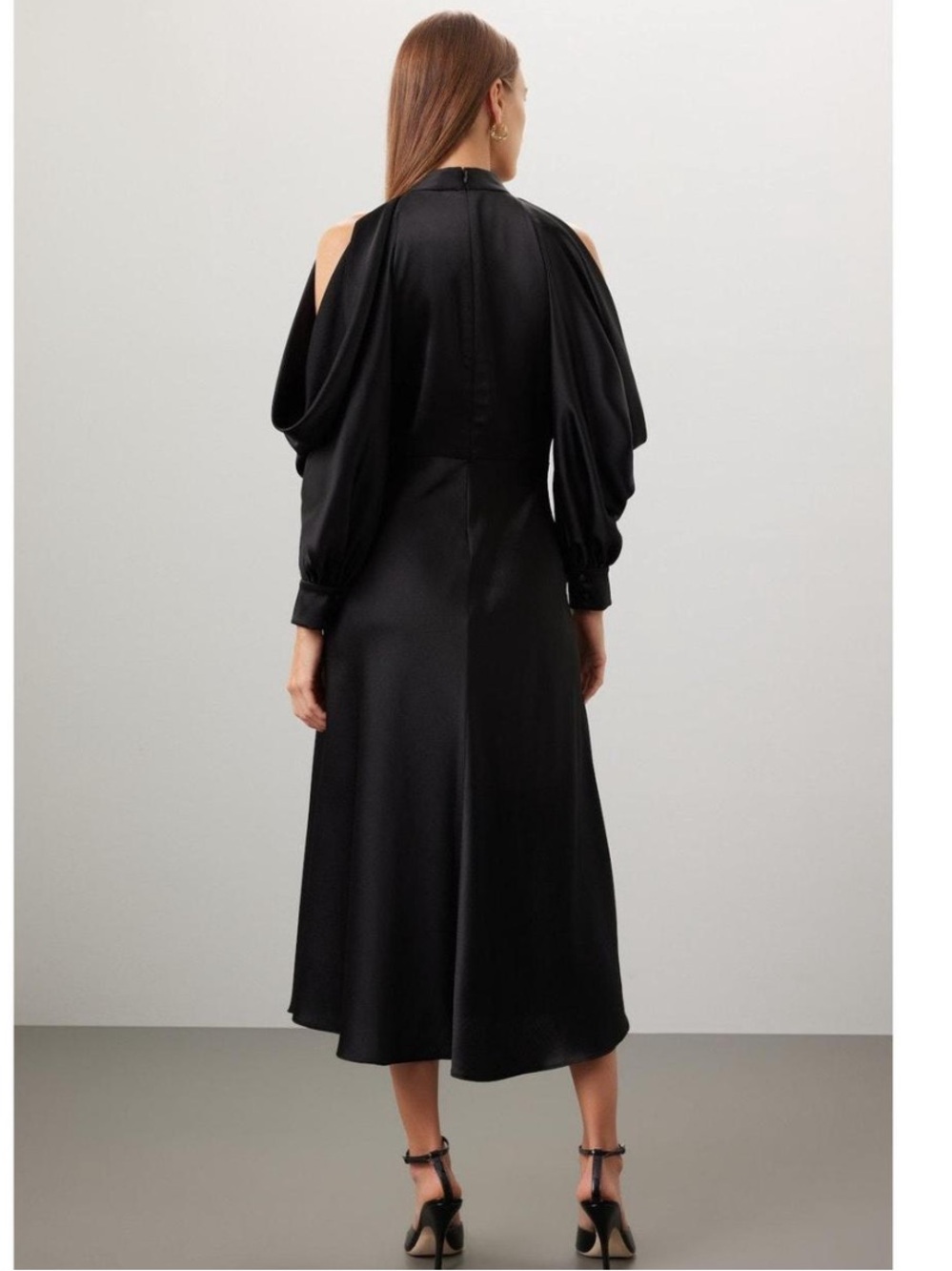 Arias New York $795 Retail Cold-Shoulder Halter Neck Black Midi Dress Size 6 - Picture 4 of 12